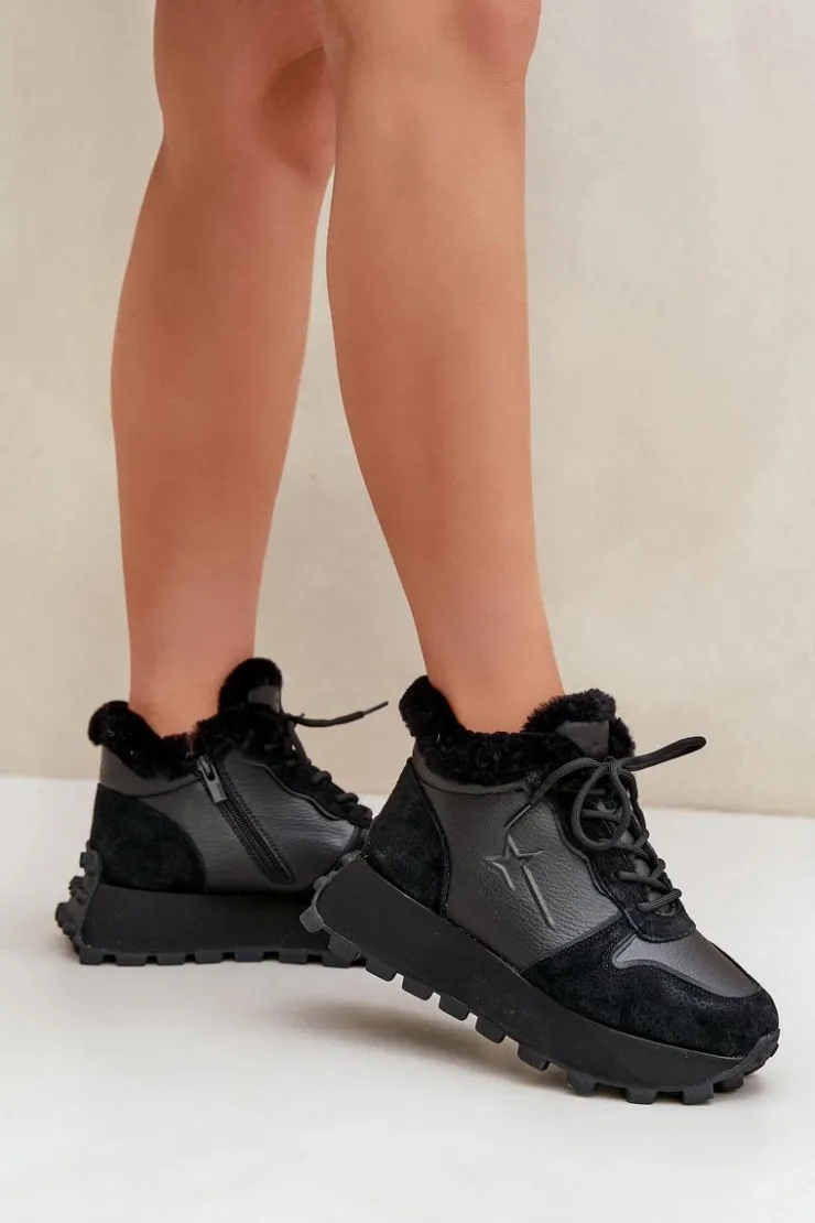 Big Star Shoes Buty Sportowe Big Star|Sneakersy Damskie*Skórzane Sneakersy Trapery Damskie Z Futerkiem Na Platformie Big Star OO274A329 Czarne Czarny