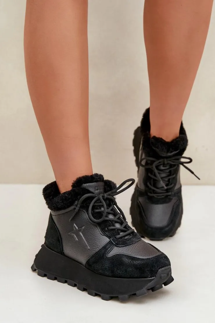 Big Star Shoes Buty Sportowe Big Star|Sneakersy Damskie*Skórzane Sneakersy Trapery Damskie Z Futerkiem Na Platformie Big Star OO274A329 Czarne Czarny