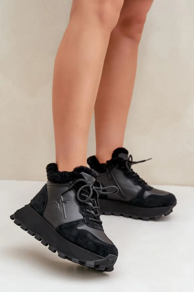 Big Star Shoes Buty Sportowe Big Star|Sneakersy Damskie*Skórzane Sneakersy Trapery Damskie Z Futerkiem Na Platformie Big Star OO274A329 Czarne Czarny