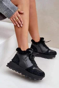 Big Star Shoes Buty Sportowe Big Star|Sneakersy Damskie*Skórzane Sneakersy Trapery Damskie Z Futerkiem Na Platformie Big Star OO274A329 Czarne Czarny