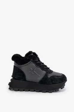 Big Star Shoes Buty Sportowe Big Star|Sneakersy Damskie*Skórzane Sneakersy Trapery Damskie Z Futerkiem Na Platformie Big Star OO274A329 Czarne Czarny