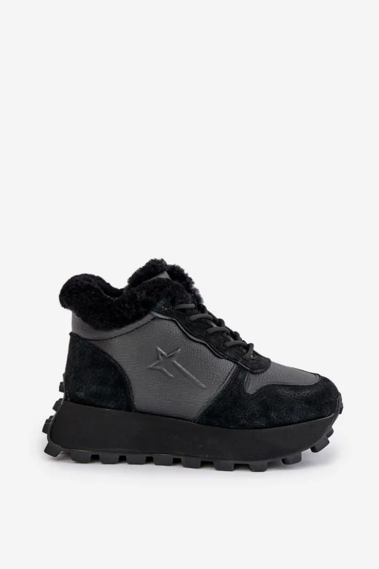 Big Star Shoes Buty Sportowe Big Star|Sneakersy Damskie*Skórzane Sneakersy Trapery Damskie Z Futerkiem Na Platformie Big Star OO274A329 Czarne Czarny