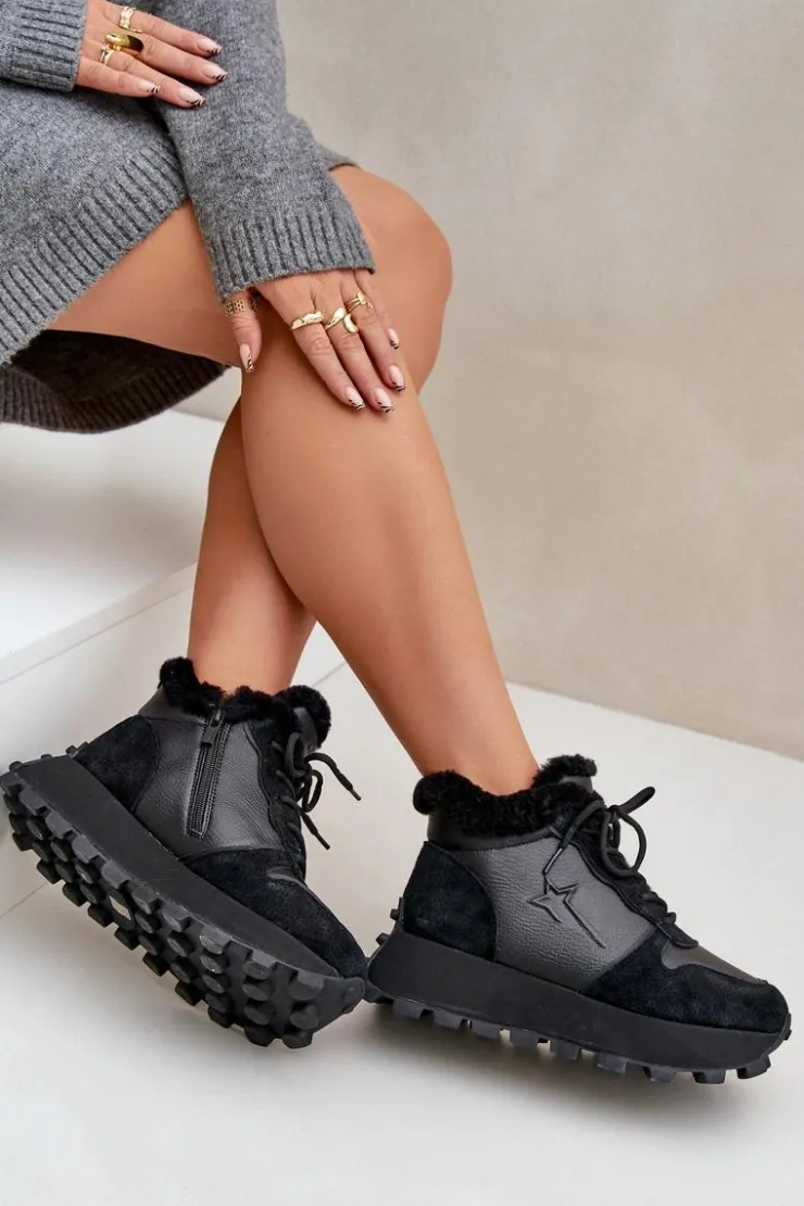 Big Star Shoes Buty Sportowe Big Star|Sneakersy Damskie*Skórzane Sneakersy Trapery Damskie Z Futerkiem Na Platformie Big Star OO274A329 Czarne Czarny