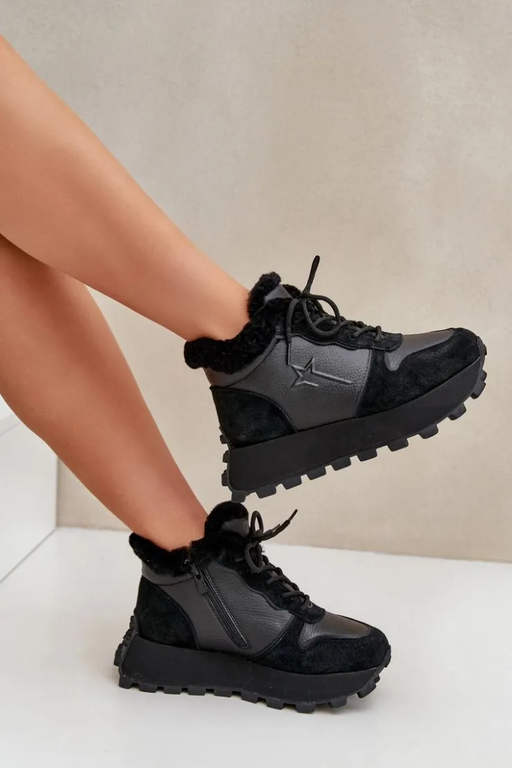 Big Star Shoes Buty Sportowe Big Star|Sneakersy Damskie*Skórzane Sneakersy Trapery Damskie Z Futerkiem Na Platformie Big Star OO274A329 Czarne Czarny