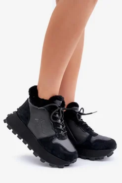 Big Star Shoes Buty Sportowe Big Star|Sneakersy Damskie*Skórzane Sneakersy Trapery Damskie Z Futerkiem Na Platformie Big Star OO274A329 Czarne Czarny