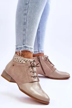 Best Maciejka Skórzane Sznurowane Botki 05953-04 Beżowe