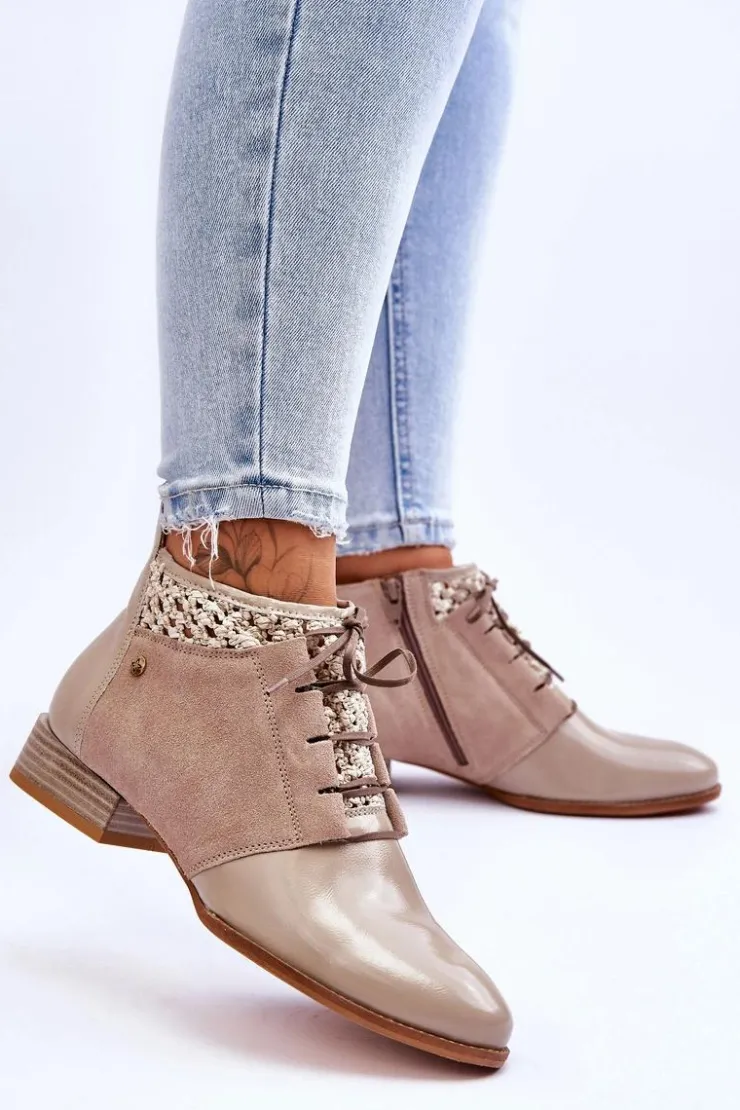 Best Maciejka Skórzane Sznurowane Botki 05953-04 Beżowe