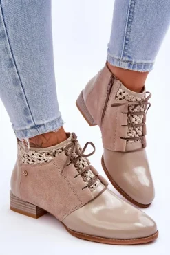 Best Maciejka Skórzane Sznurowane Botki 05953-04 Beżowe