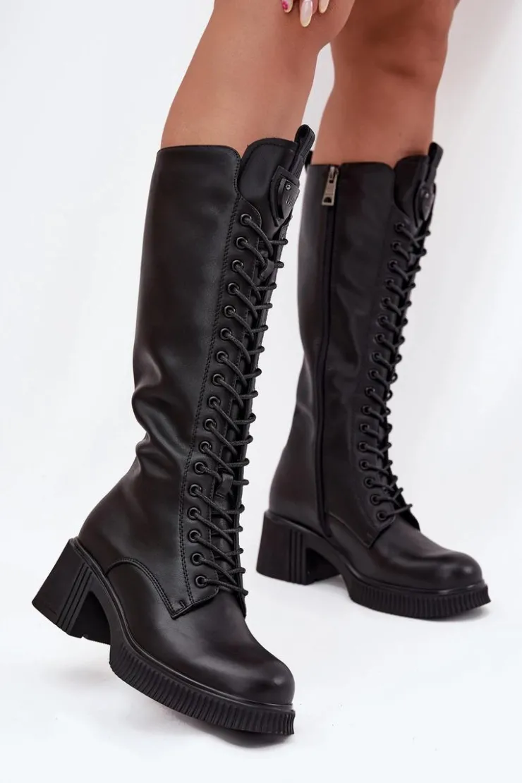 Damskie Buty damskie Vinceza Skórzane Sznurowane Kozaki Na Klocku Ocieplane Vinceza 66804 Czarne