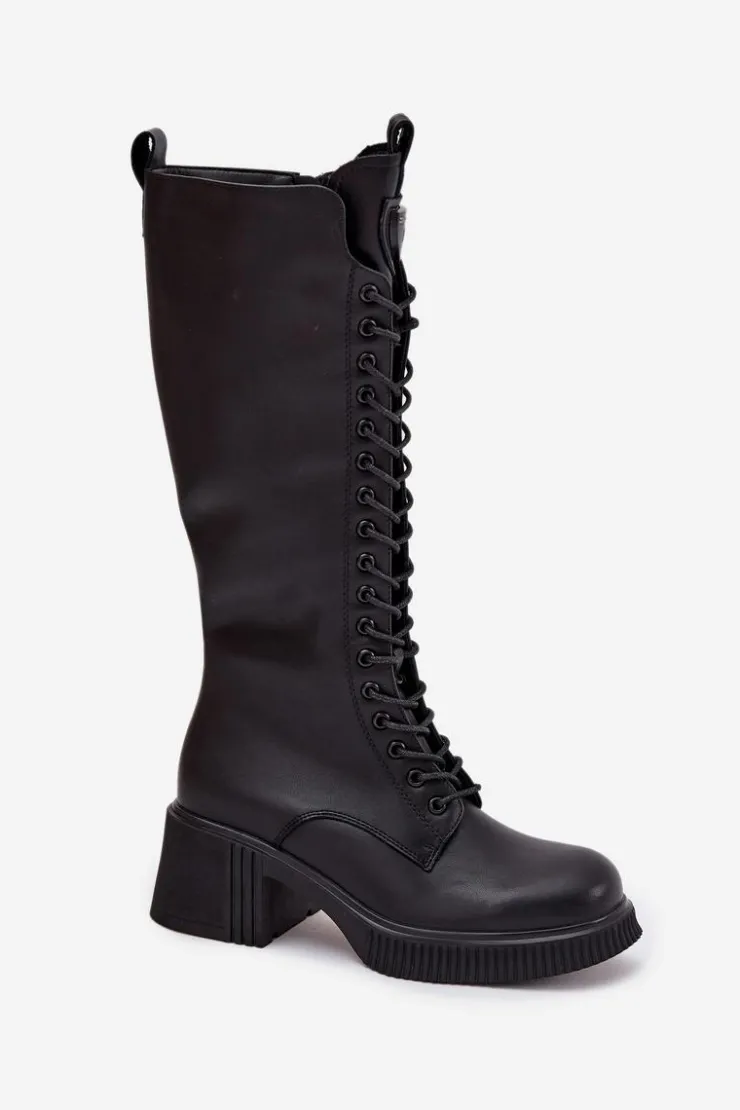 Damskie Buty damskie Vinceza Skórzane Sznurowane Kozaki Na Klocku Ocieplane Vinceza 66804 Czarne