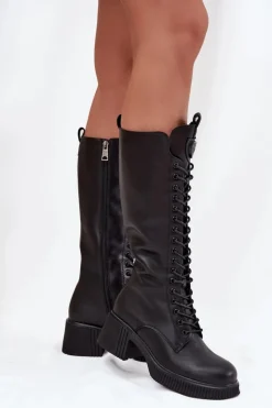 Damskie Buty damskie Vinceza Skórzane Sznurowane Kozaki Na Klocku Ocieplane Vinceza 66804 Czarne