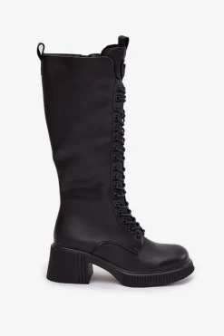 Damskie Buty damskie Vinceza Skórzane Sznurowane Kozaki Na Klocku Ocieplane Vinceza 66804 Czarne