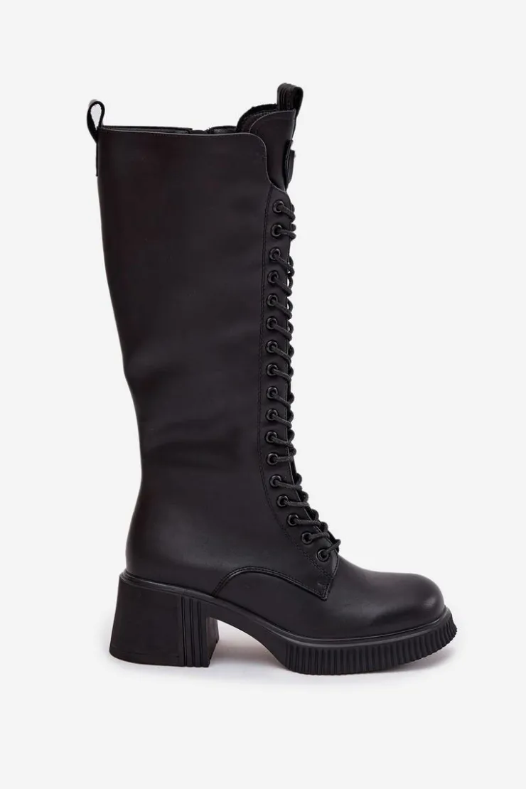 Damskie Buty damskie Vinceza Skórzane Sznurowane Kozaki Na Klocku Ocieplane Vinceza 66804 Czarne