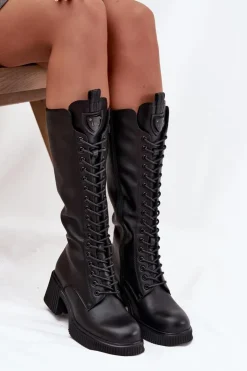 Damskie Buty damskie Vinceza Skórzane Sznurowane Kozaki Na Klocku Ocieplane Vinceza 66804 Czarne