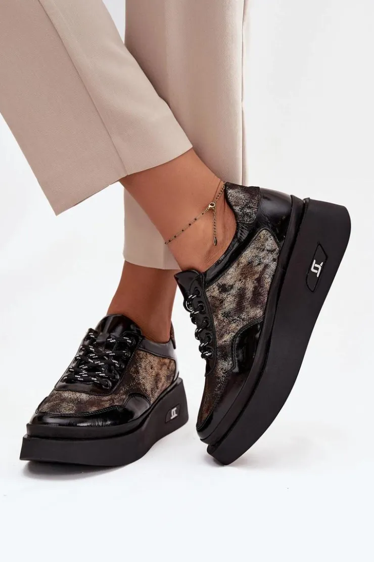 Discount Artiker Skórzane Sznurowane Półbuty Damskie Na Platformie 57C2042 Czarno-Złote Czarny
