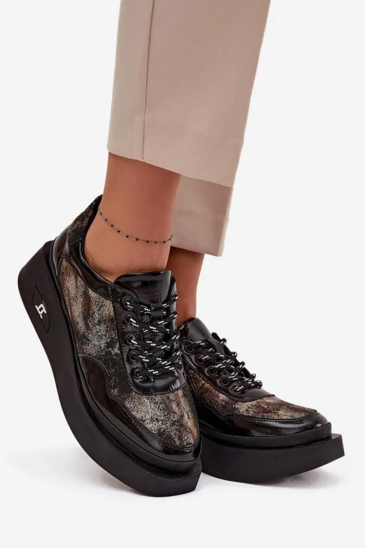 Discount Artiker Skórzane Sznurowane Półbuty Damskie Na Platformie 57C2042 Czarno-Złote Czarny