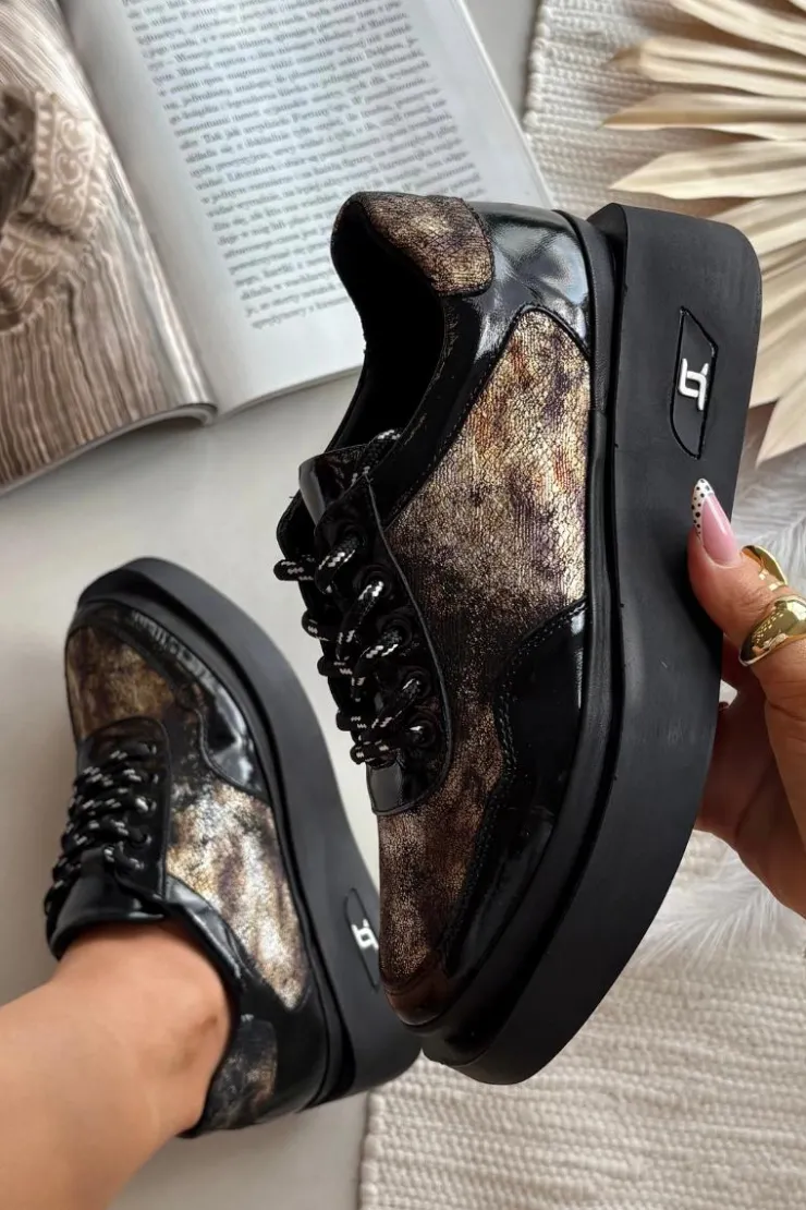 Discount Artiker Skórzane Sznurowane Półbuty Damskie Na Platformie 57C2042 Czarno-Złote Czarny