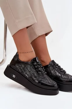 Damskie Artiker Skórzane Sznurowane Półbuty Damskie Na Platformie 57C2043 Czarno-Srebrne