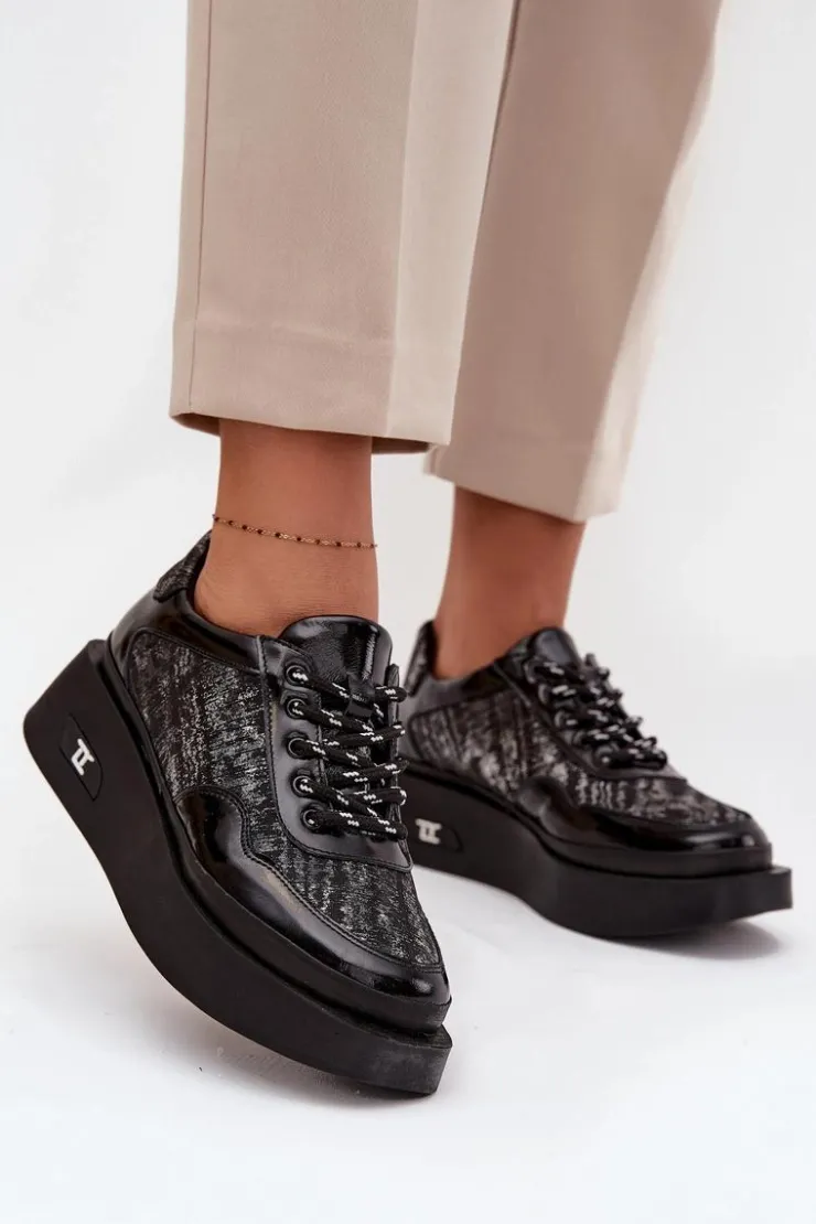Damskie Artiker Skórzane Sznurowane Półbuty Damskie Na Platformie 57C2043 Czarno-Srebrne