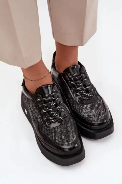 Damskie Artiker Skórzane Sznurowane Półbuty Damskie Na Platformie 57C2043 Czarno-Srebrne