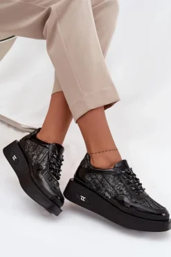 Damskie Artiker Skórzane Sznurowane Półbuty Damskie Na Platformie 57C2043 Czarno-Srebrne