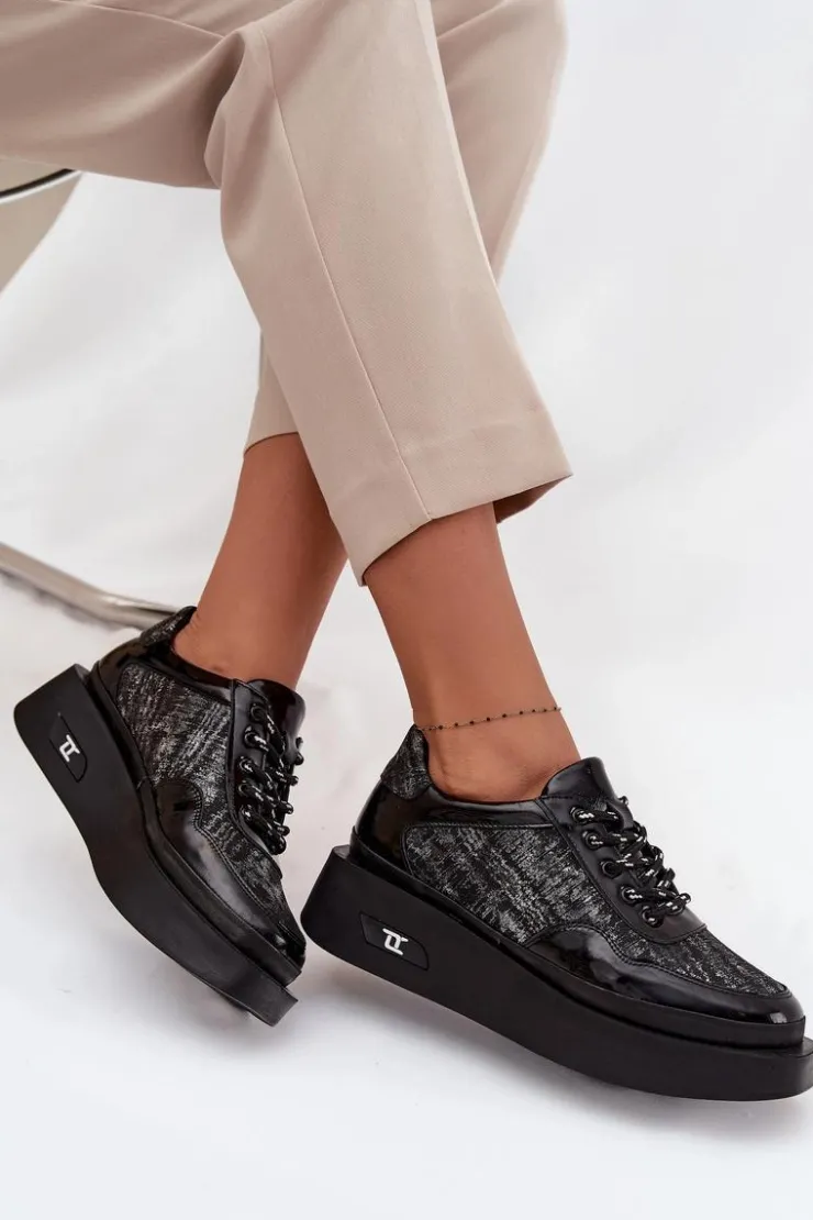 Damskie Artiker Skórzane Sznurowane Półbuty Damskie Na Platformie 57C2043 Czarno-Srebrne