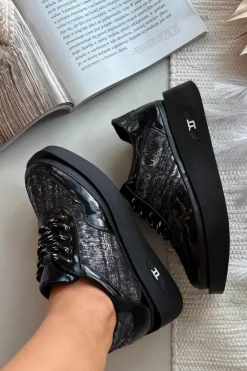 Damskie Artiker Skórzane Sznurowane Półbuty Damskie Na Platformie 57C2043 Czarno-Srebrne