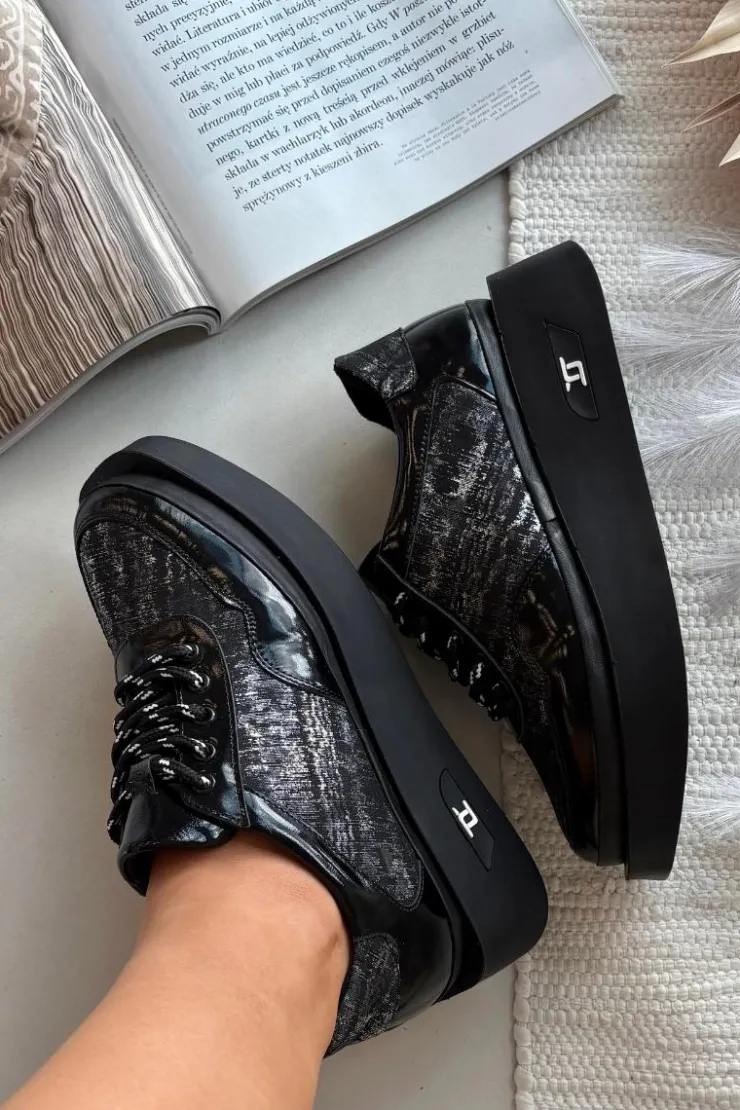 Damskie Artiker Skórzane Sznurowane Półbuty Damskie Na Platformie 57C2043 Czarno-Srebrne