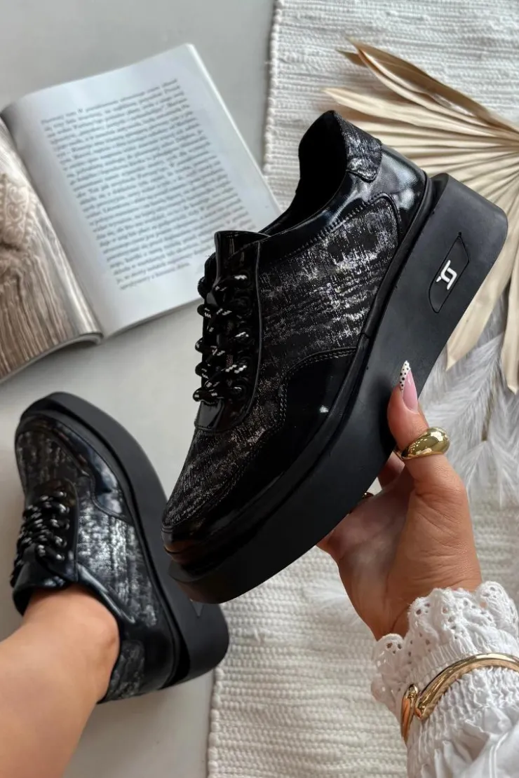 Damskie Artiker Skórzane Sznurowane Półbuty Damskie Na Platformie 57C2043 Czarno-Srebrne