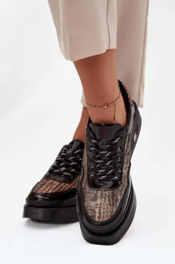 Artiker Buty Sportowe Na Platformie|Półbuty Skórzane*Skórzane Sznurowane Półbuty Damskie Na Platformie 57C2044 Czarne Czarny