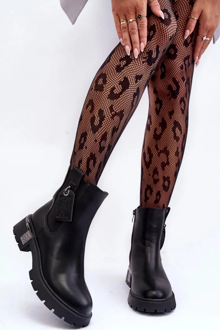 Boto Czarne Botki|Botki Płaskie*Skórzane Sztyblety Botki Na Płaskim Obcasie Z Ozdobami Czarne Shandee