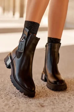 Boto Czarne Botki|Botki Płaskie*Skórzane Sztyblety Botki Na Płaskim Obcasie Z Ozdobami Czarne Shandee