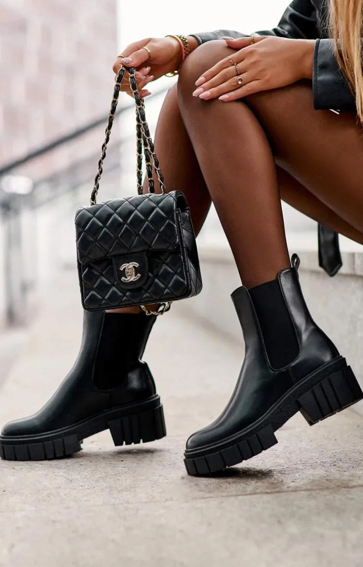 Damskie Boto Skórzane Sztyblety Botki Na Masywnym Płaskim Obcasie Czarne Keva