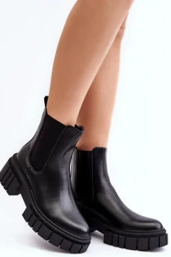 Damskie Boto Skórzane Sztyblety Botki Na Masywnym Płaskim Obcasie Czarne Keva