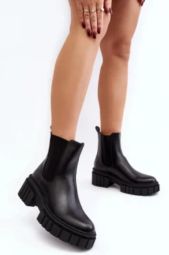 Damskie Boto Skórzane Sztyblety Botki Na Masywnym Płaskim Obcasie Czarne Keva