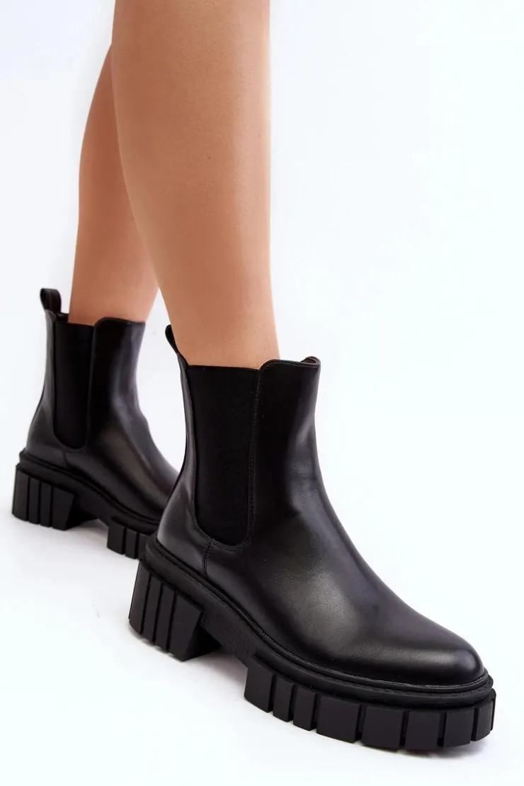 Damskie Boto Skórzane Sztyblety Botki Na Masywnym Płaskim Obcasie Czarne Keva