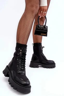 Damskie Boto Skórzane Szurowane Masywne Workery Botki Damskie Czarne Seloma