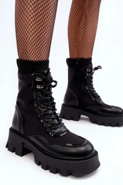 Damskie Boto Skórzane Szurowane Masywne Workery Botki Damskie Czarne Seloma