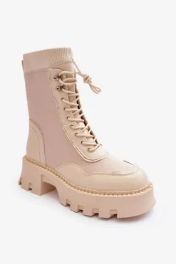 Discount Boto Skórzane Szurowane Masywne Workery Botki Damskie Beżowe Seloma