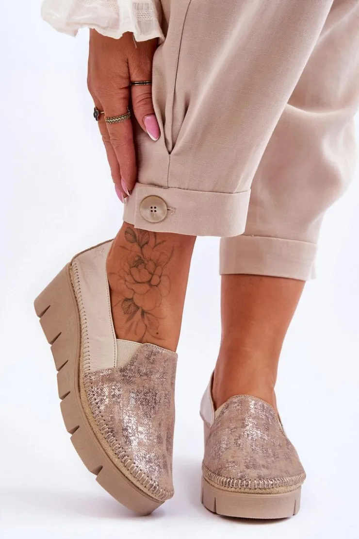 Damskie Maciejka Skórzane Tenisówki Na Koturnie 5814A-10 Beżowe