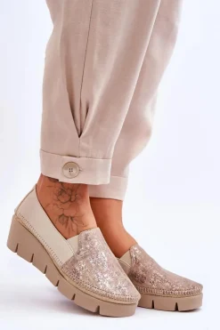 Damskie Maciejka Skórzane Tenisówki Na Koturnie 5814A-10 Beżowe