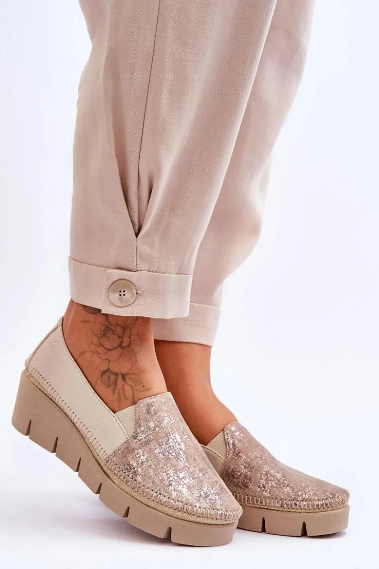 Damskie Maciejka Skórzane Tenisówki Na Koturnie 5814A-10 Beżowe