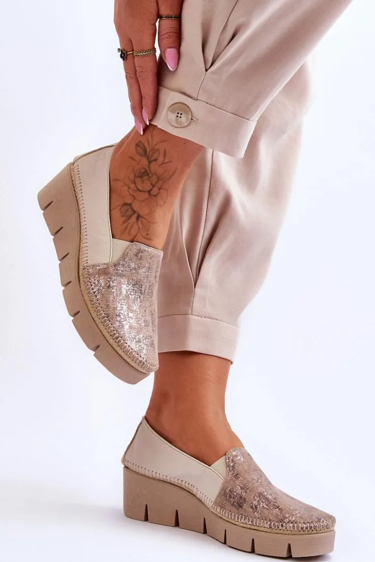 Damskie Maciejka Skórzane Tenisówki Na Koturnie 5814A-10 Beżowe