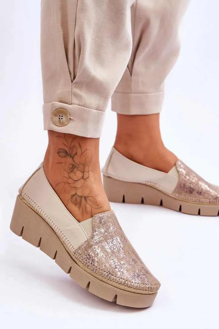 Damskie Maciejka Skórzane Tenisówki Na Koturnie 5814A-10 Beżowe