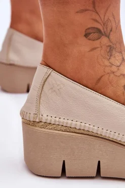 Damskie Maciejka Skórzane Tenisówki Na Koturnie 5814A-10 Beżowe