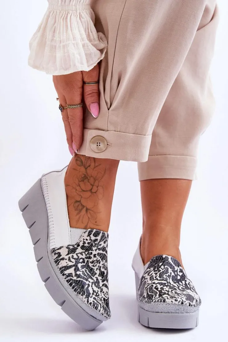 Damskie Maciejka Skórzane Tenisówki Na Koturnie 5814A-11 Biało-Czarne