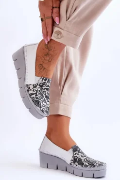 Damskie Maciejka Skórzane Tenisówki Na Koturnie 5814A-11 Biało-Czarne