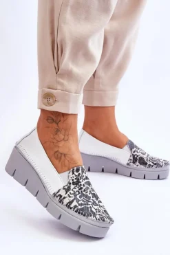 Damskie Maciejka Skórzane Tenisówki Na Koturnie 5814A-11 Biało-Czarne