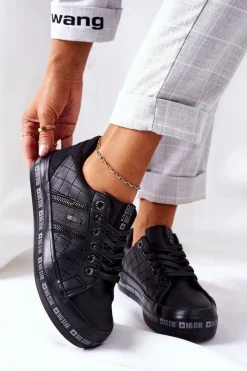 Big Star Shoes Trampki Damskie Big Star|Trampki Damskie Niskie*Skórzane Tenisówki Na Platformie BIG STAR II274070 Czarne