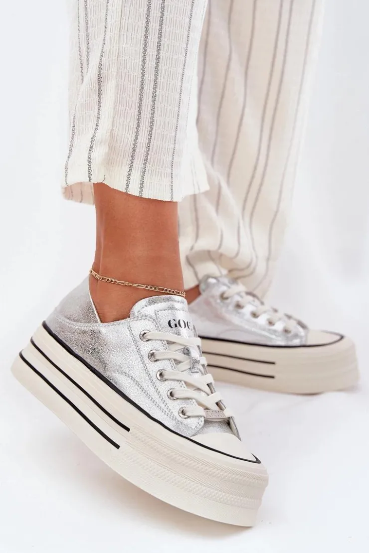 Discount GOE Skórzane Trampki Damskie Na Platformie RR2N4108 Srebrne Srebrny